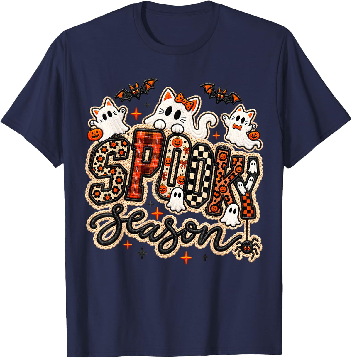 Retro Halloween Spooky Season Kawaii Ghost Cat Women Girly T-Shirt - Navy Blue