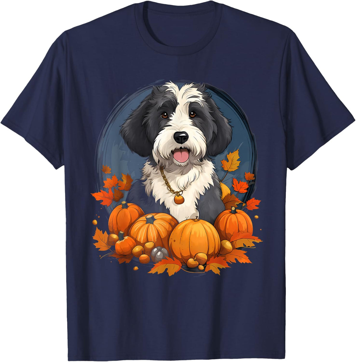 Pumpkin Sheepadoodle Dog Halloween Thanksgiving Men Women Kids T-Shirt - Navy Blue