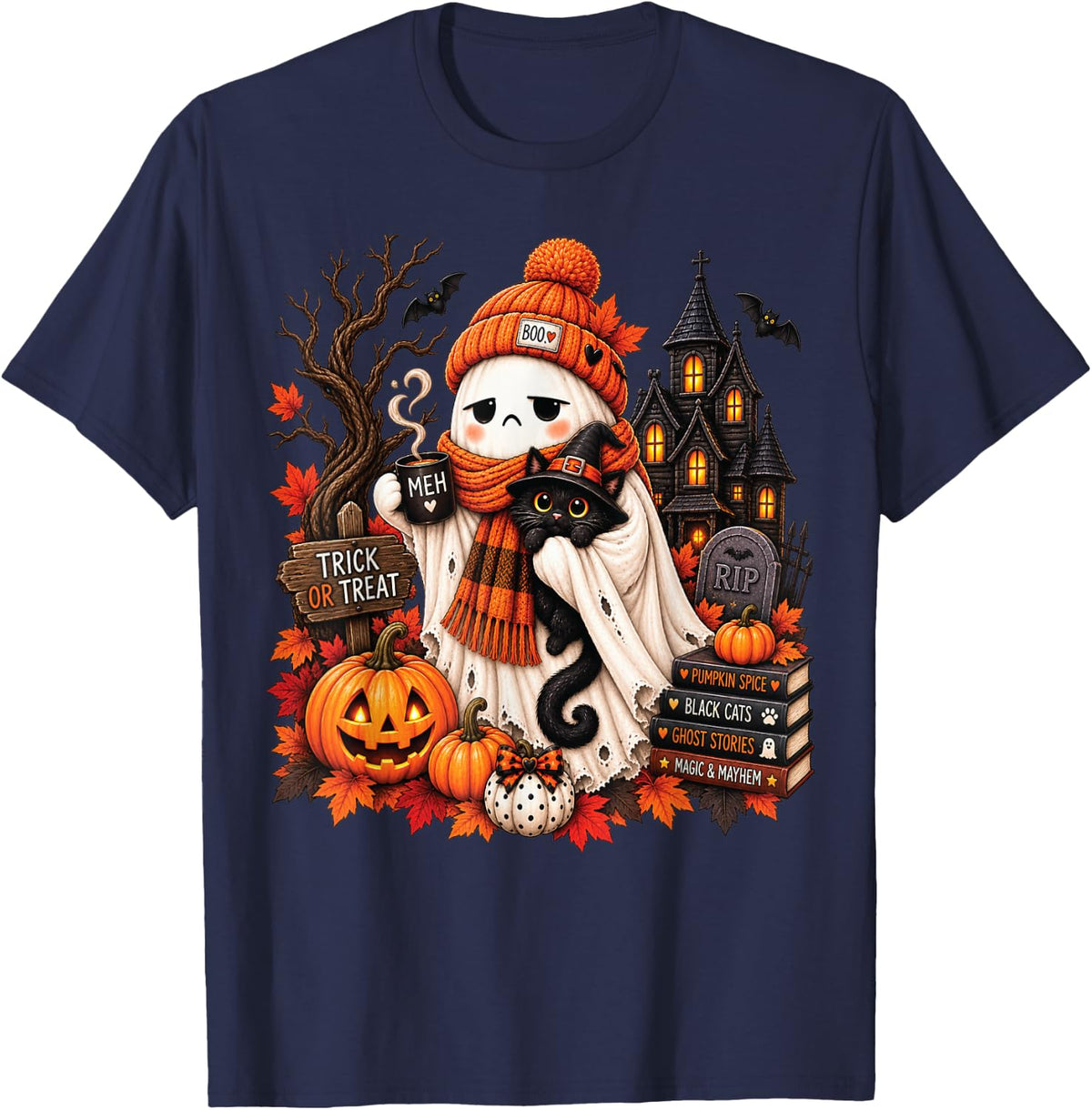 Spooky Black Cat Ghost Holding Coffee Halloween Pumpkin T-Shirt - Navy Blue