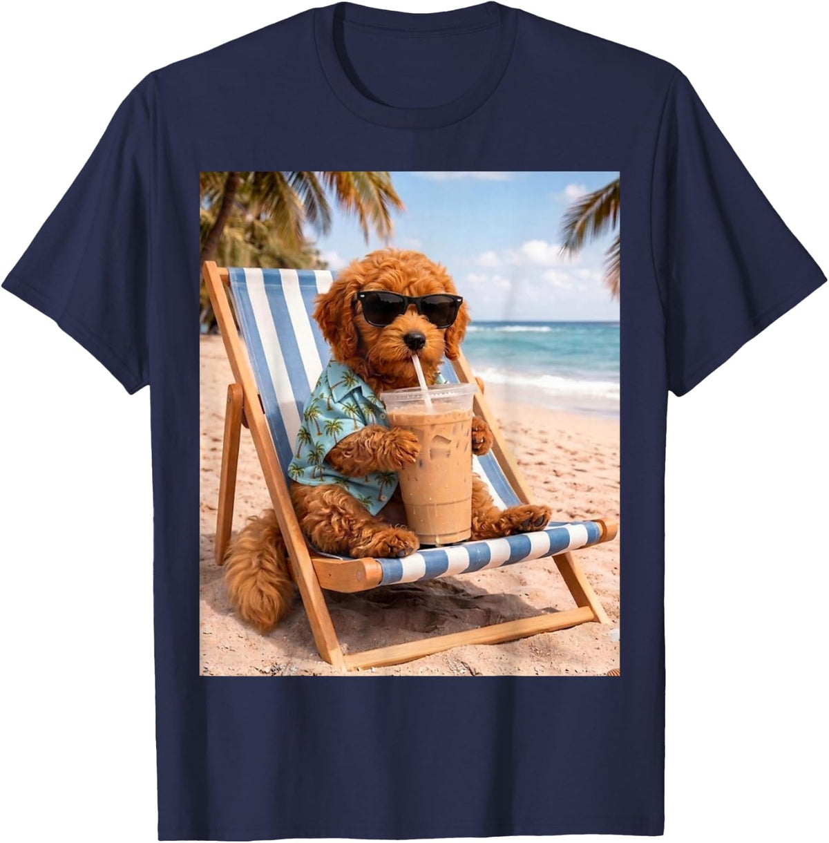 Funny Goldendoodle Sunglasses Drinking Iced Coffee Dog Meme T-Shirt - Navy Blue