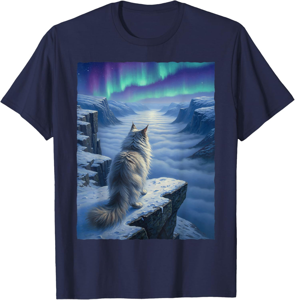 White Norwegian Forest Cat Northern Lights Aurora Borealis T-Shirt - Navy Blue