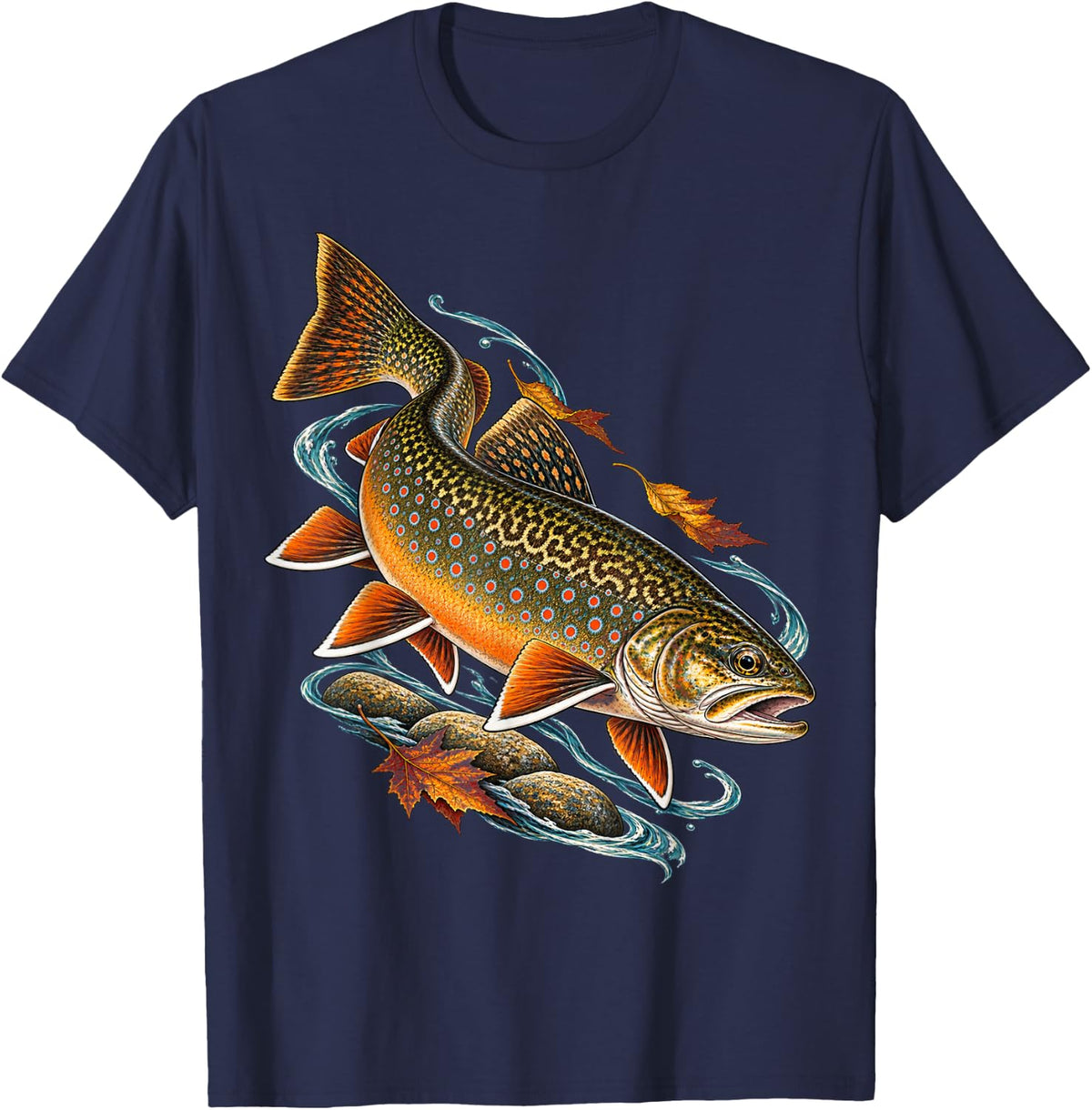 Brook Trout Fly Fishing Autumn Stream Angler T-Shirt - Navy Blue