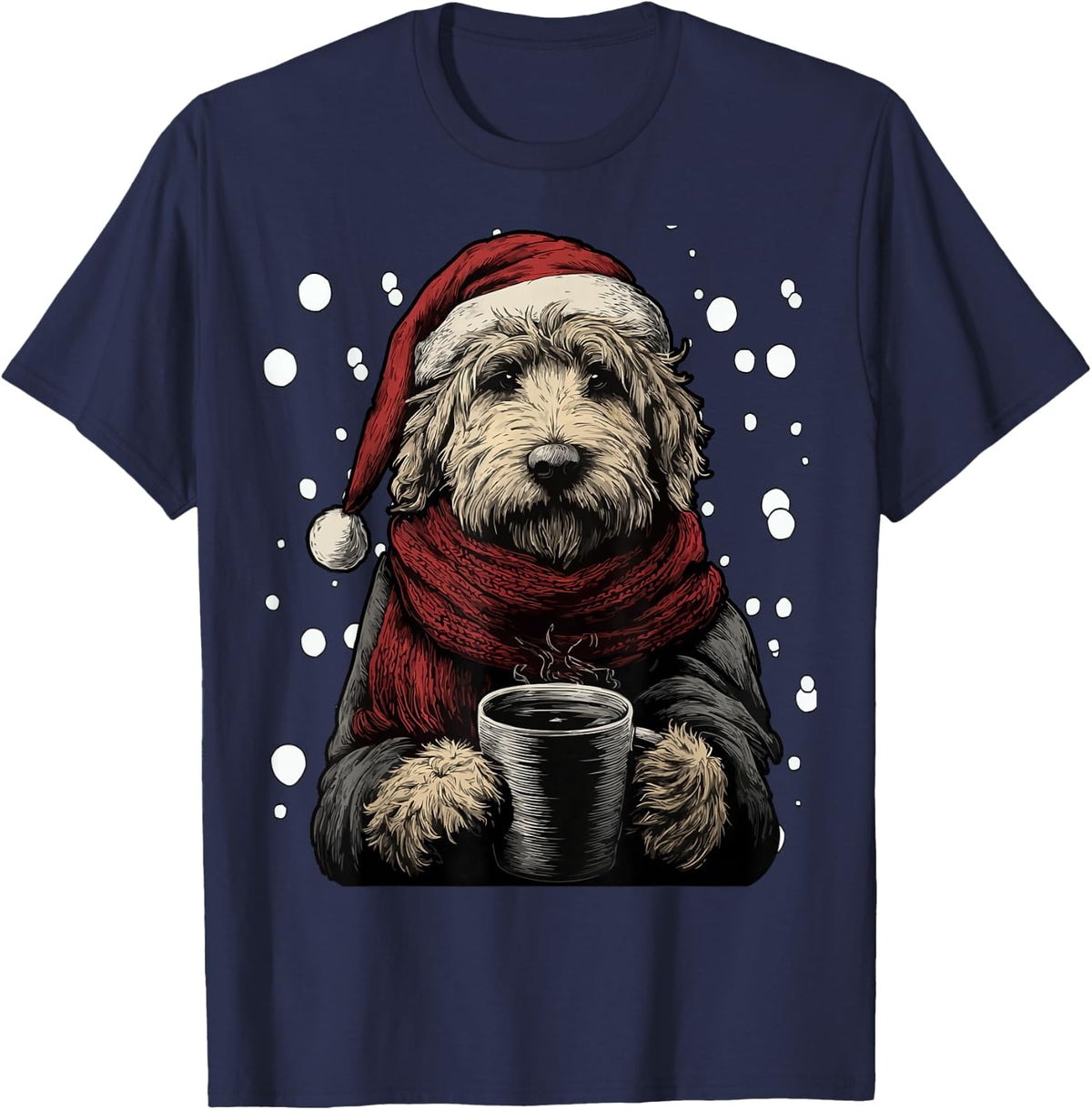 Christmas Goldendoodle Santa Hat Coffee Lover Funny Winter T-Shirt - Navy Blue