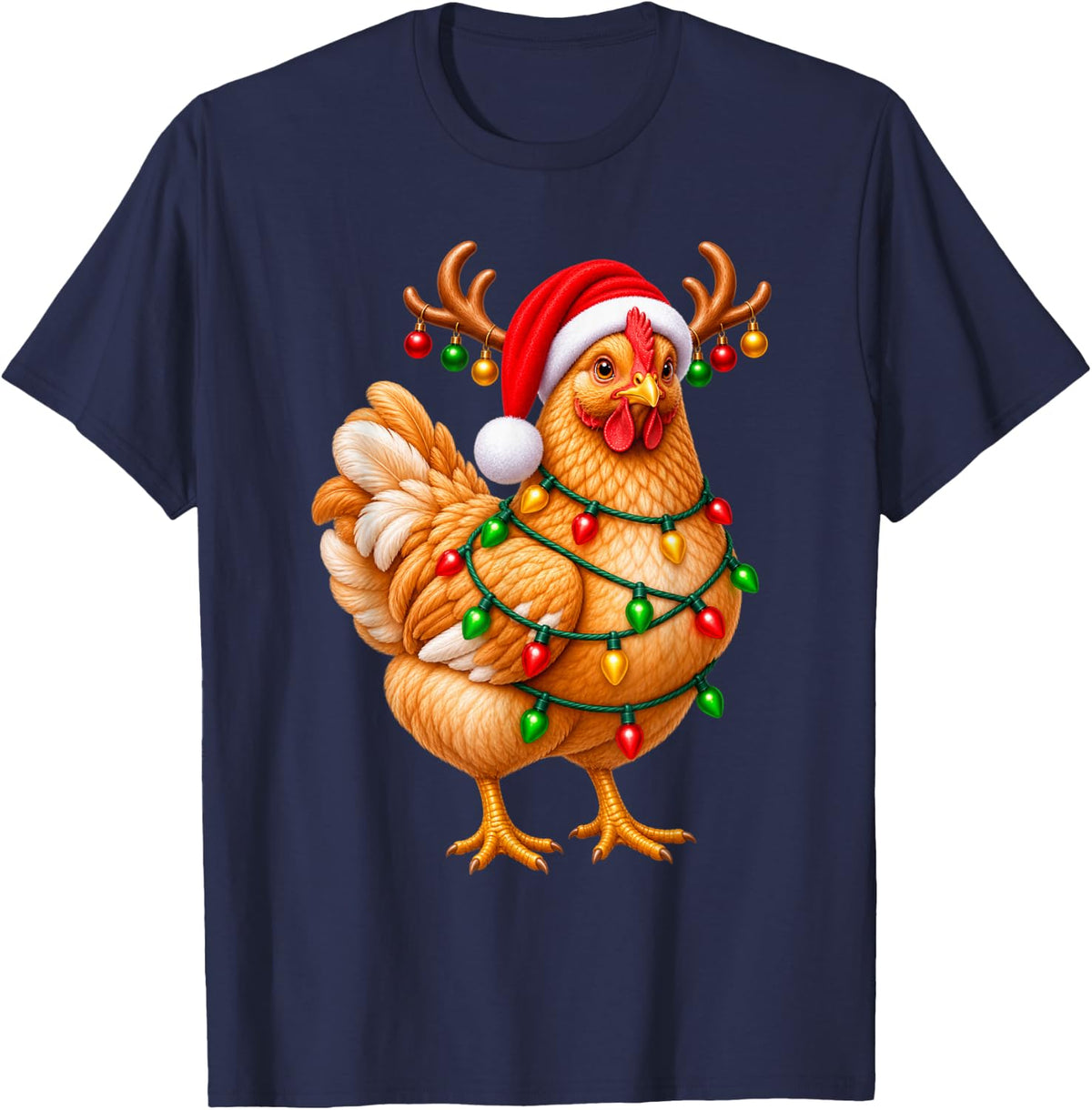 Chicken Christmas Reindeer Lights Pajama Xmas T-Shirt - Navy Blue