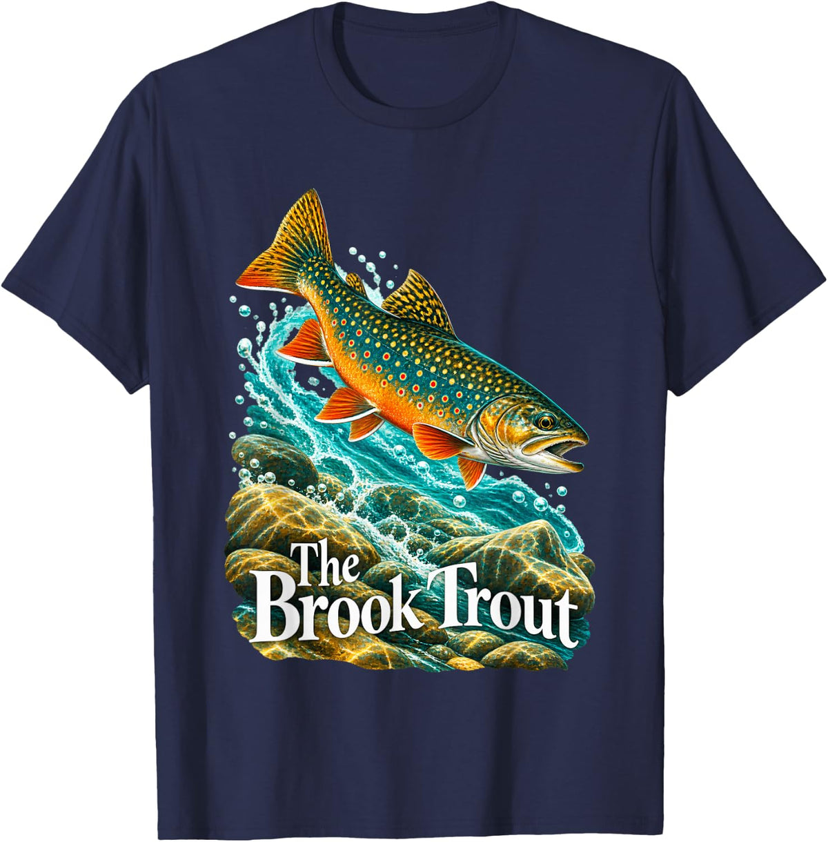 The Brook Trout Leaping Fish in Stream T-Shirt - Navy Blue