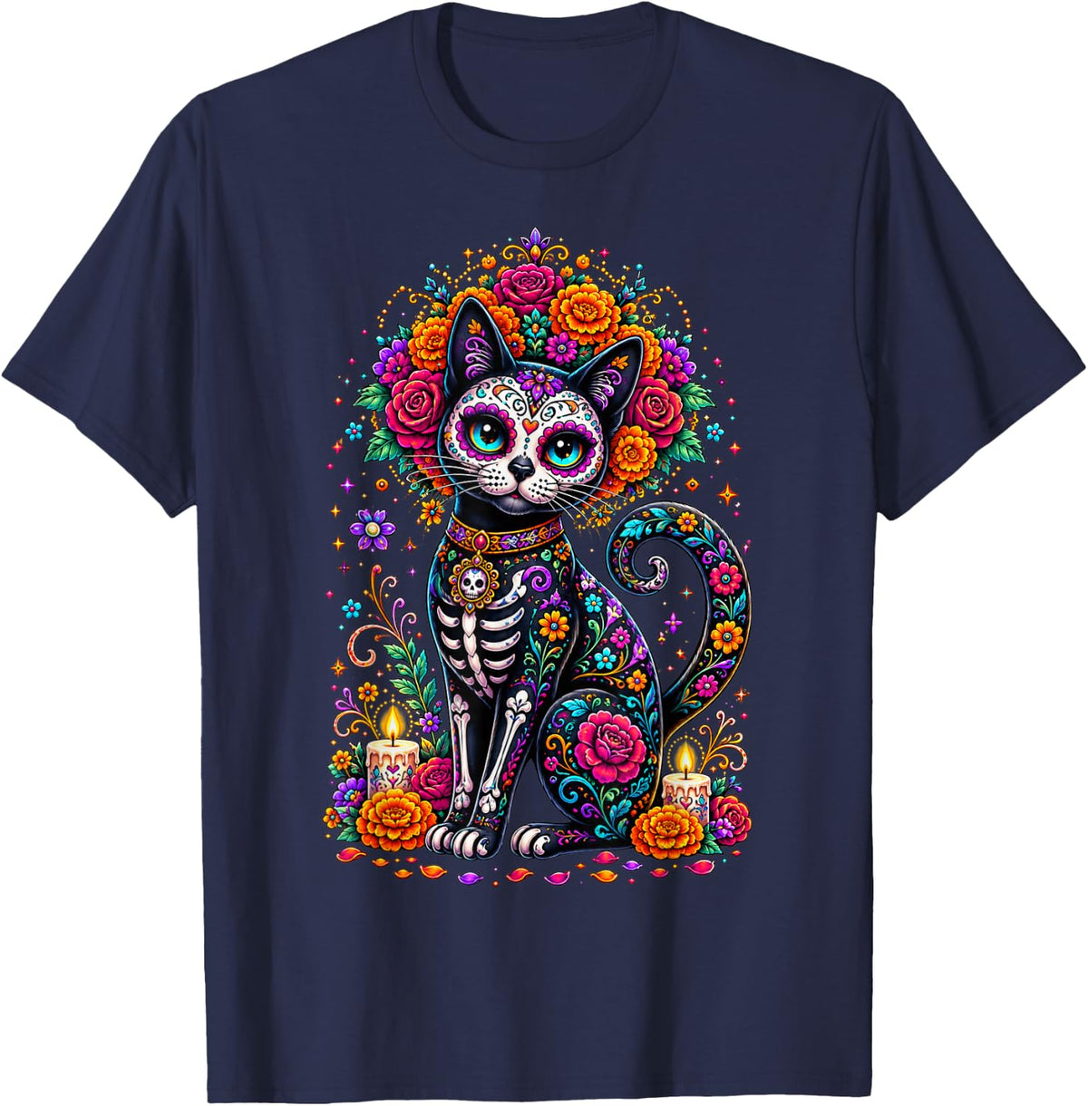 Dia De Los Muertos Cinco De Mayo Cat Sugar Skull Men Women T-Shirt - Navy Blue
