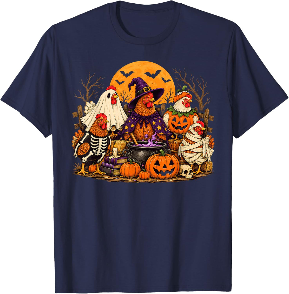 Halloween Costume Chicken Witch Spooky Pumpkin Farm Lover T-Shirt - Navy Blue