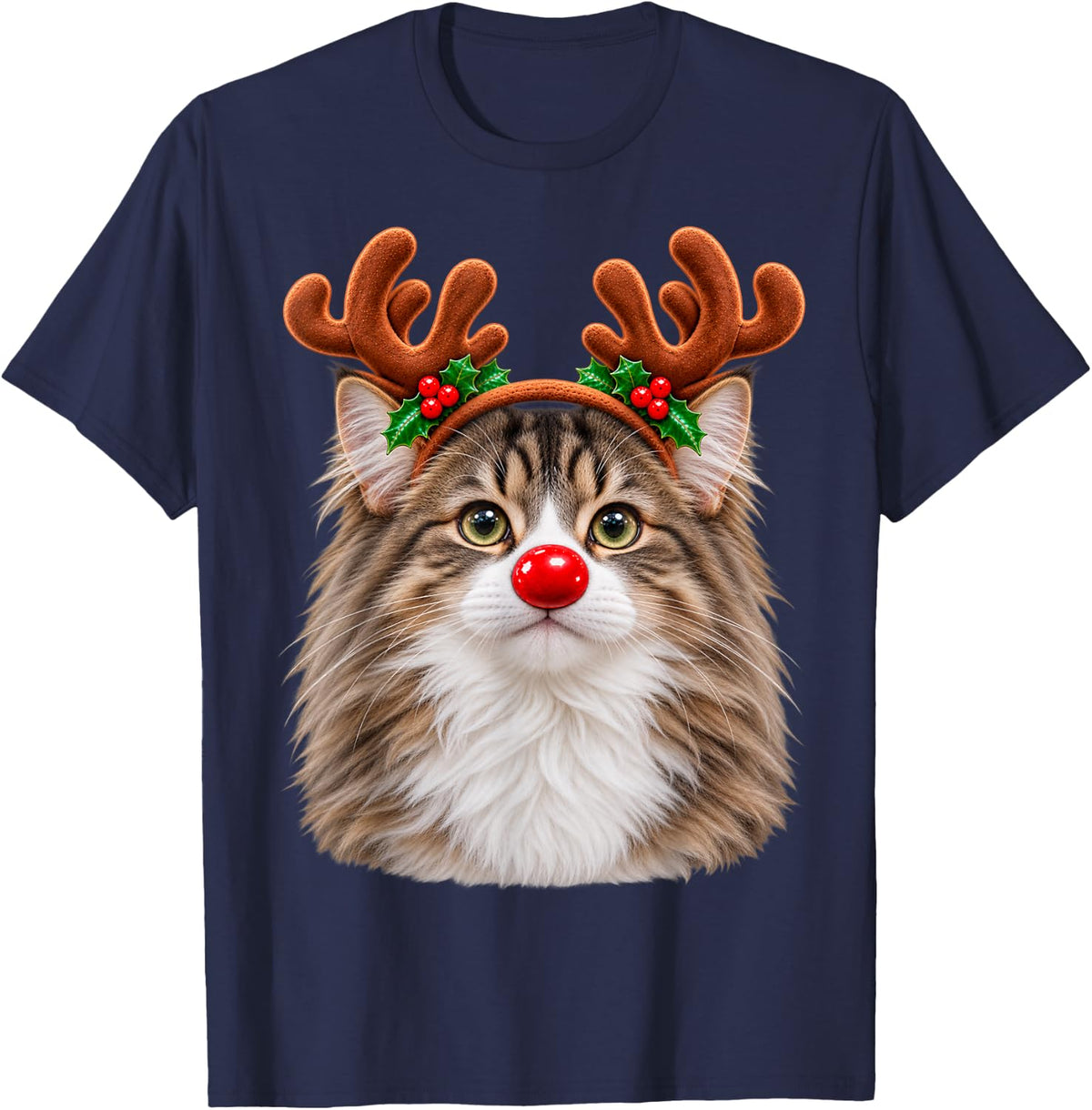 Christmas Norwegian Forest Reindeer Cat Lover Cat Mom T-Shirt - Navy Blue