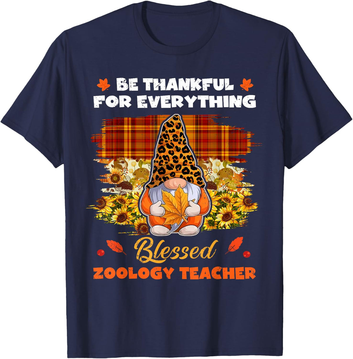 Thankful Blessed Zoology Teacher Gnome Thanksgiving T-Shirt - Navy Blue