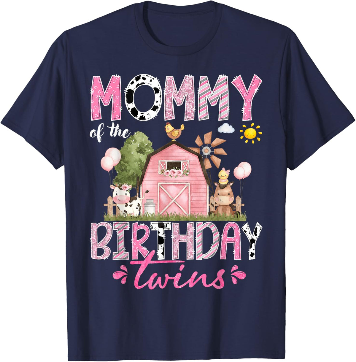 Mommy of The Birthday Twins Pink Barnyard Farm Animals T-Shirt - Navy Blue