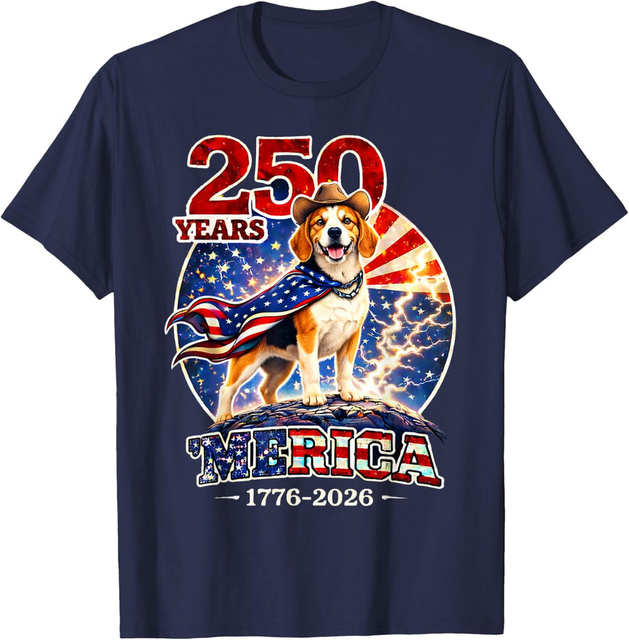 250 Years of Freedom Beagle Dog 1776-2026 4th of July T-Shirt - Navy Blue