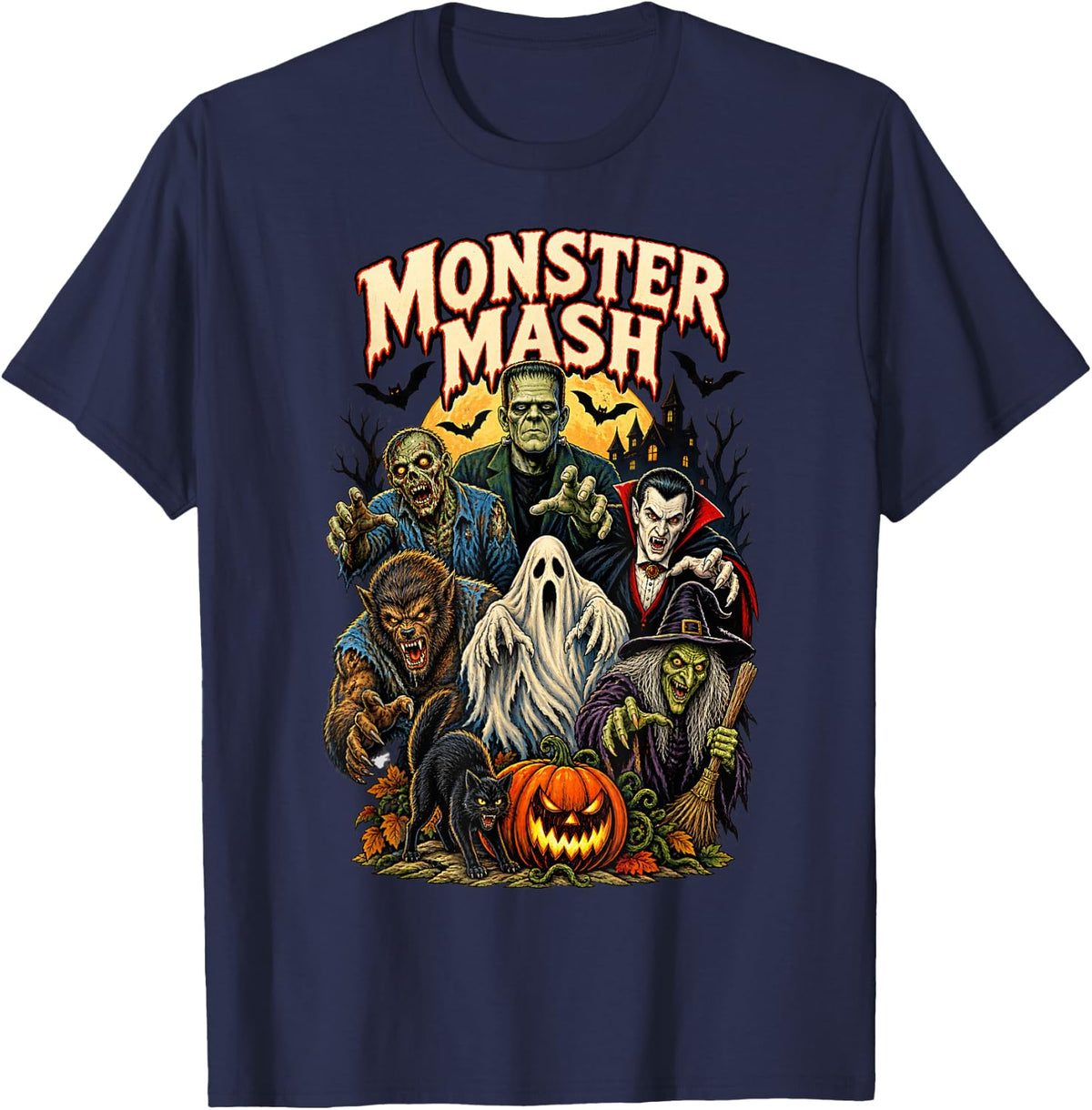 Retro Monster Mash Ghost Frankenstein Vampire Halloween Bats T-Shirt - Navy Blue