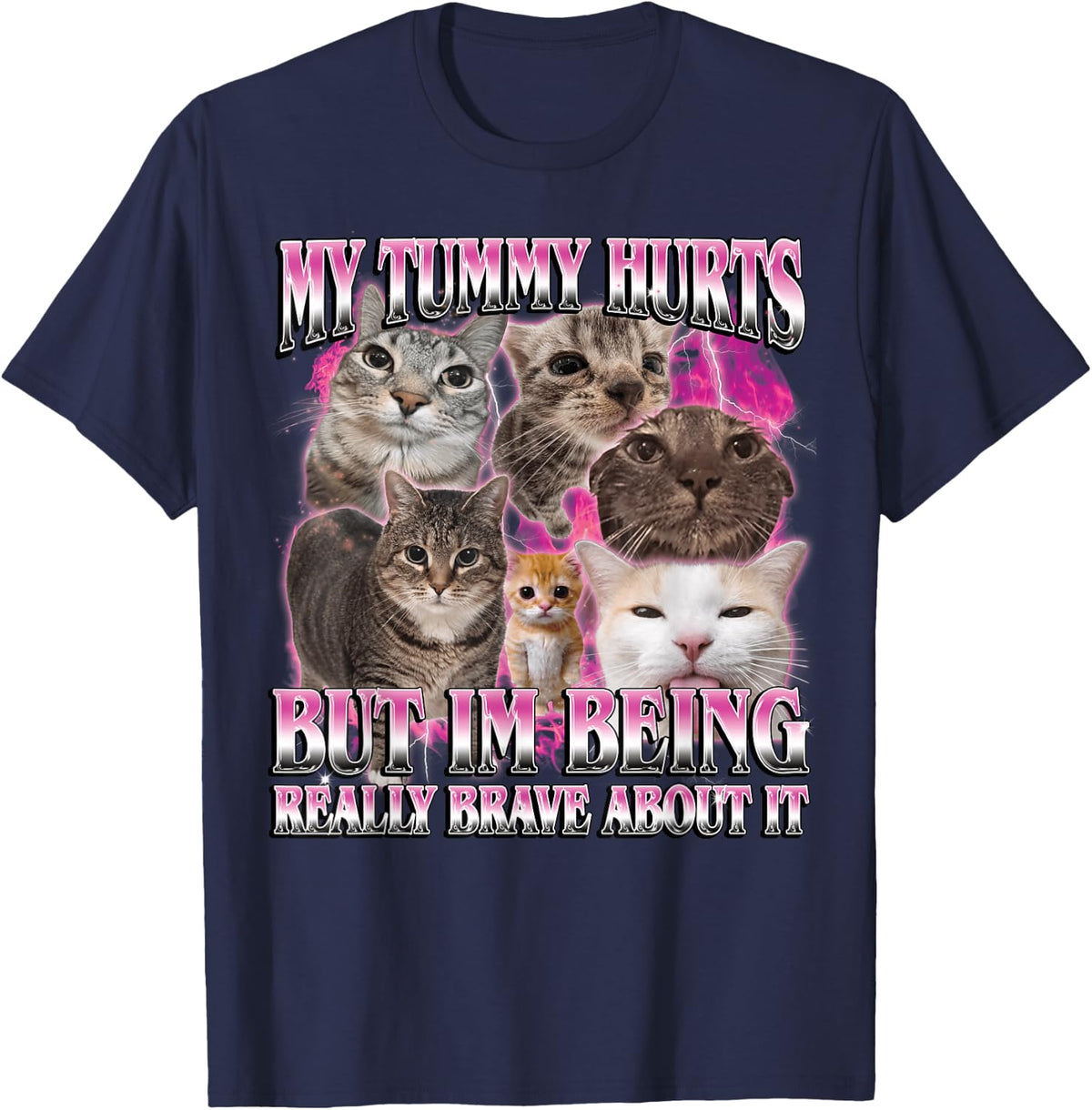 My Tummy Hurts Funny Brainrot Stupid Dank Cat Meme Graphic T-Shirt - Navy Blue