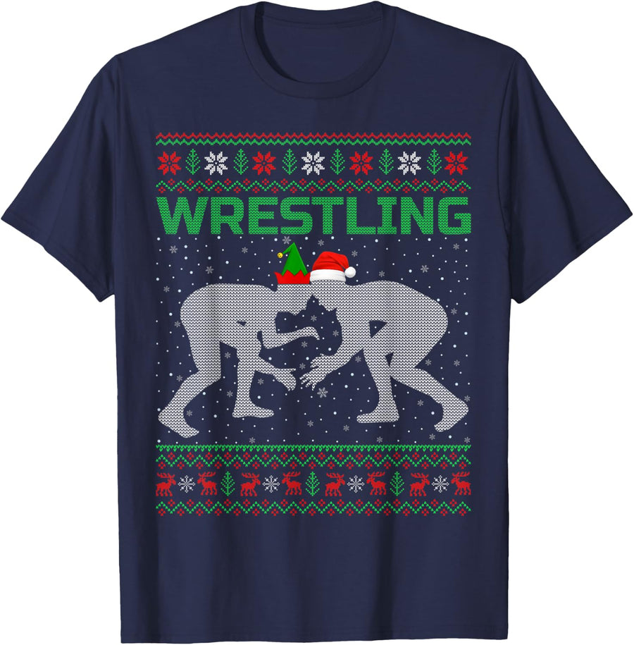 Wrestling Ugly Christmas Sweater Style Funny Wrestling Xmas T-Shirt - Navy Blue
