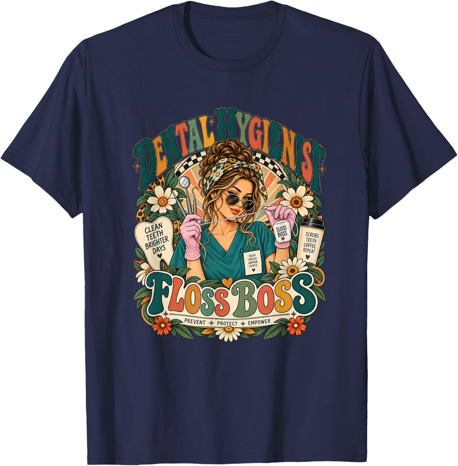 Floss Boss Dental Hygienist Boho Lover T-Shirt - Navy Blue