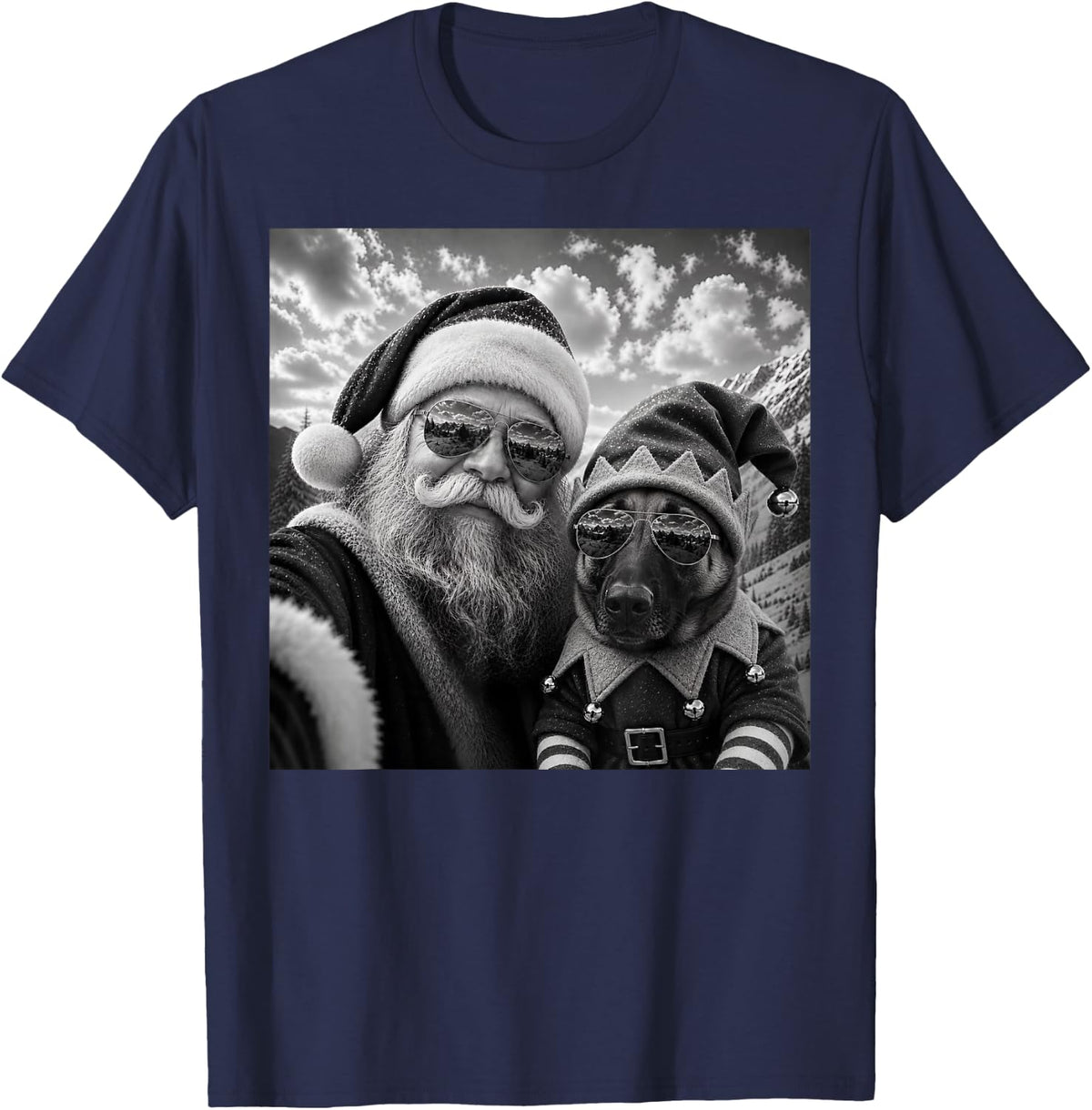 Funny Santa Selfie with Belgian Malinois Dog Christmas T-Shirt - Navy Blue