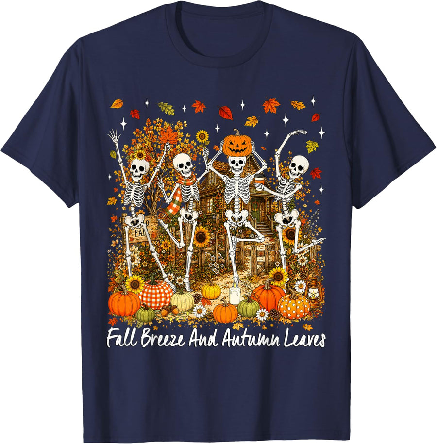 Fall Breeze and Autumn Leaves Dancing Skeleton Halloween Men T-Shirt - Navy Blue
