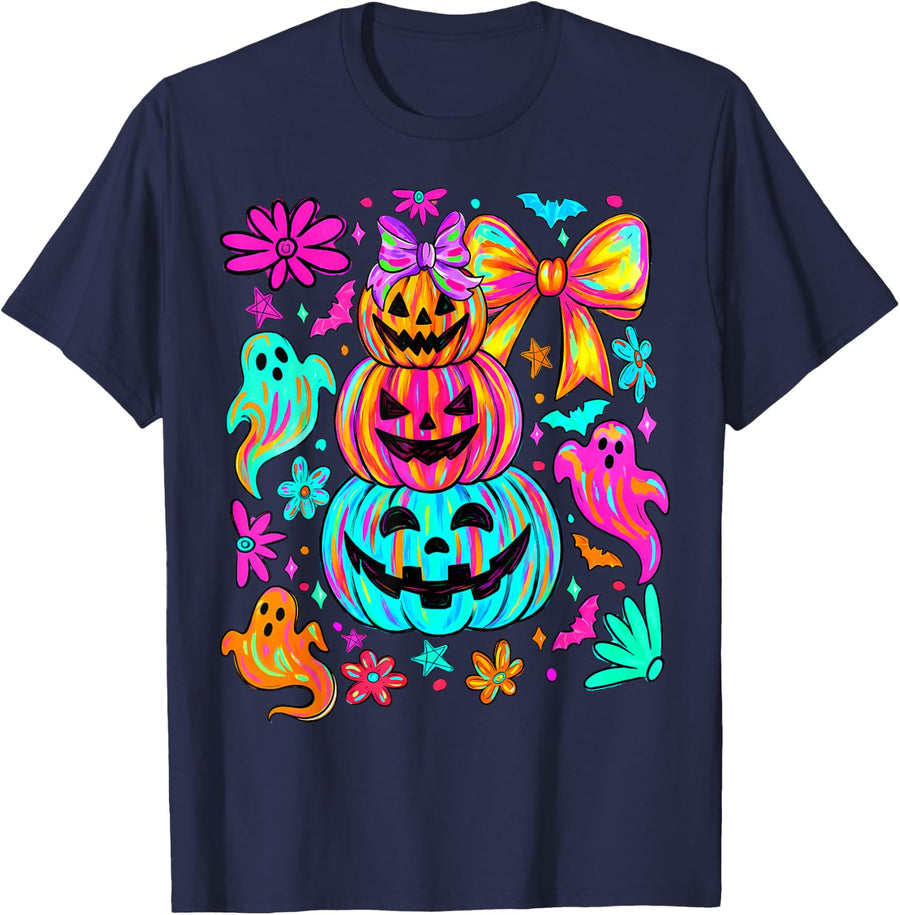 Colorful Preppy Bow Pumpkin Ghost Spooky Season Halloween T-Shirt - Navy Blue