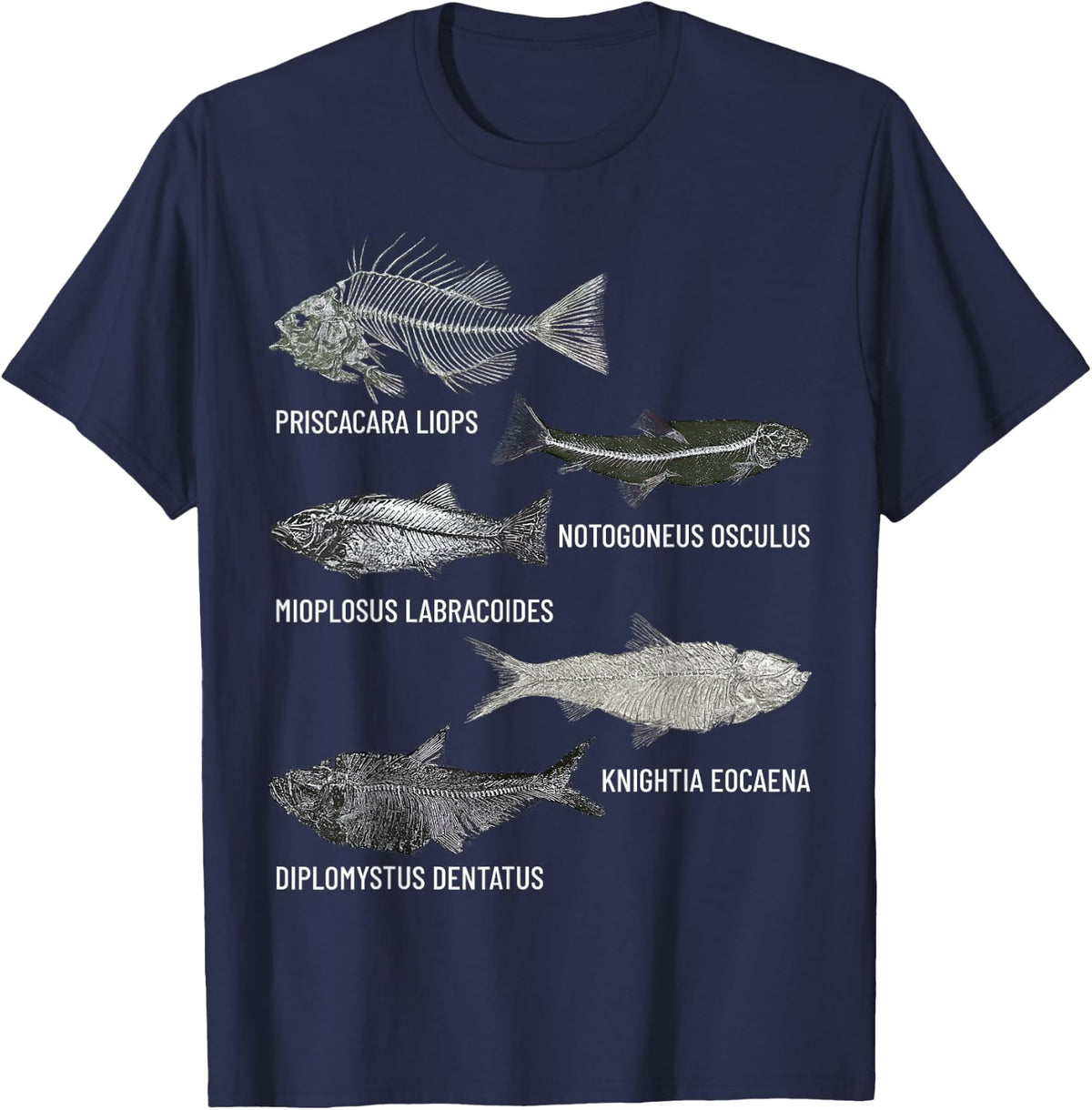Eocene Fossil Fish Collection Paleontology Art Tee Shirt for Science Lovers - Navy Blue