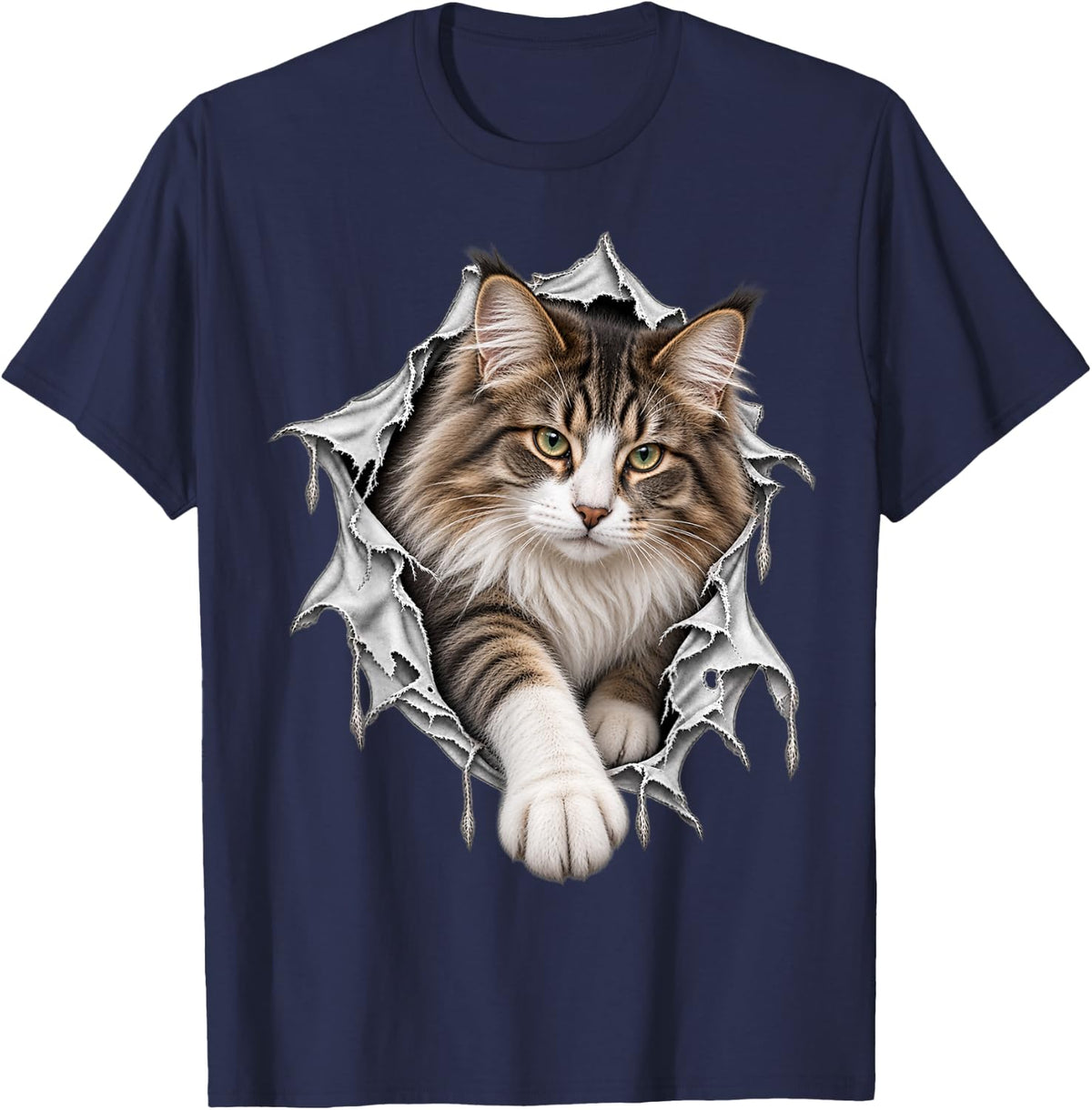 Cute Norwegian Forest Cat Stepping Out from Ripped Design T-Shirt - Navy Blue