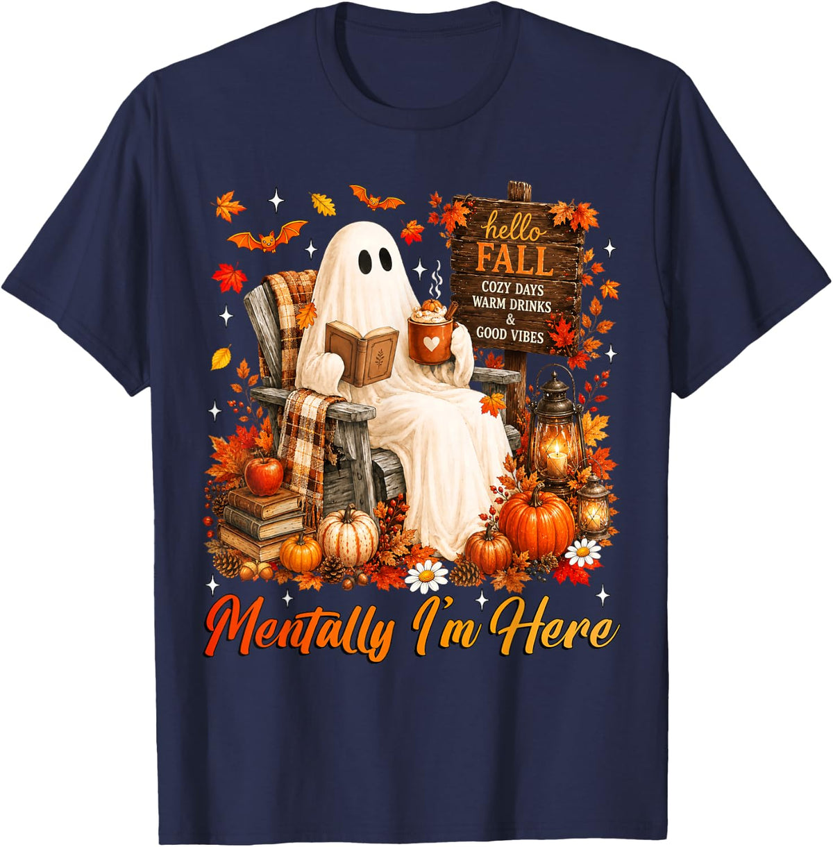 Mentally I am Here Ghost Boo Summerween Ghost Fall Autumn T-Shirt - Navy Blue