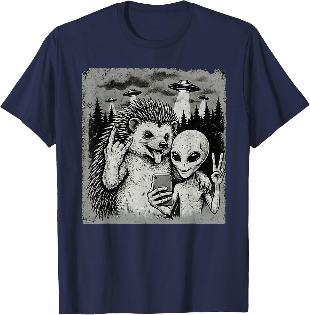 Funny Hedgehog and Alien Rock On Hand Sign UFO Selfie T-Shirt - Navy Blue