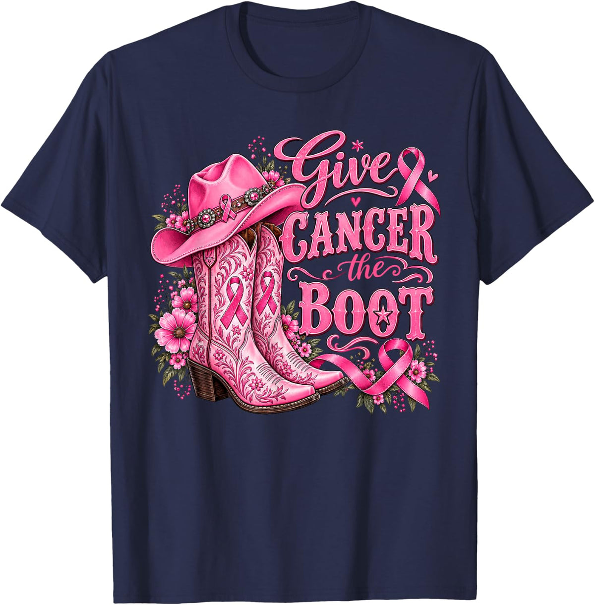 Give Breast Cancer The Boot Pink Ribbon Western Cowboy Boots T-Shirt - Navy Blue