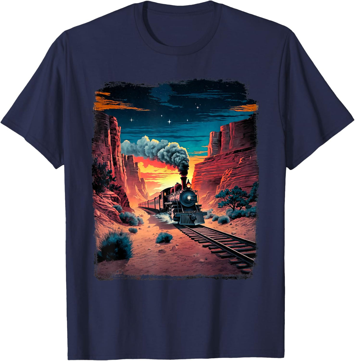 Vintage Steam Engine Locomotive Train Desert Canyon Railway T-Shirt - Navy Blue
