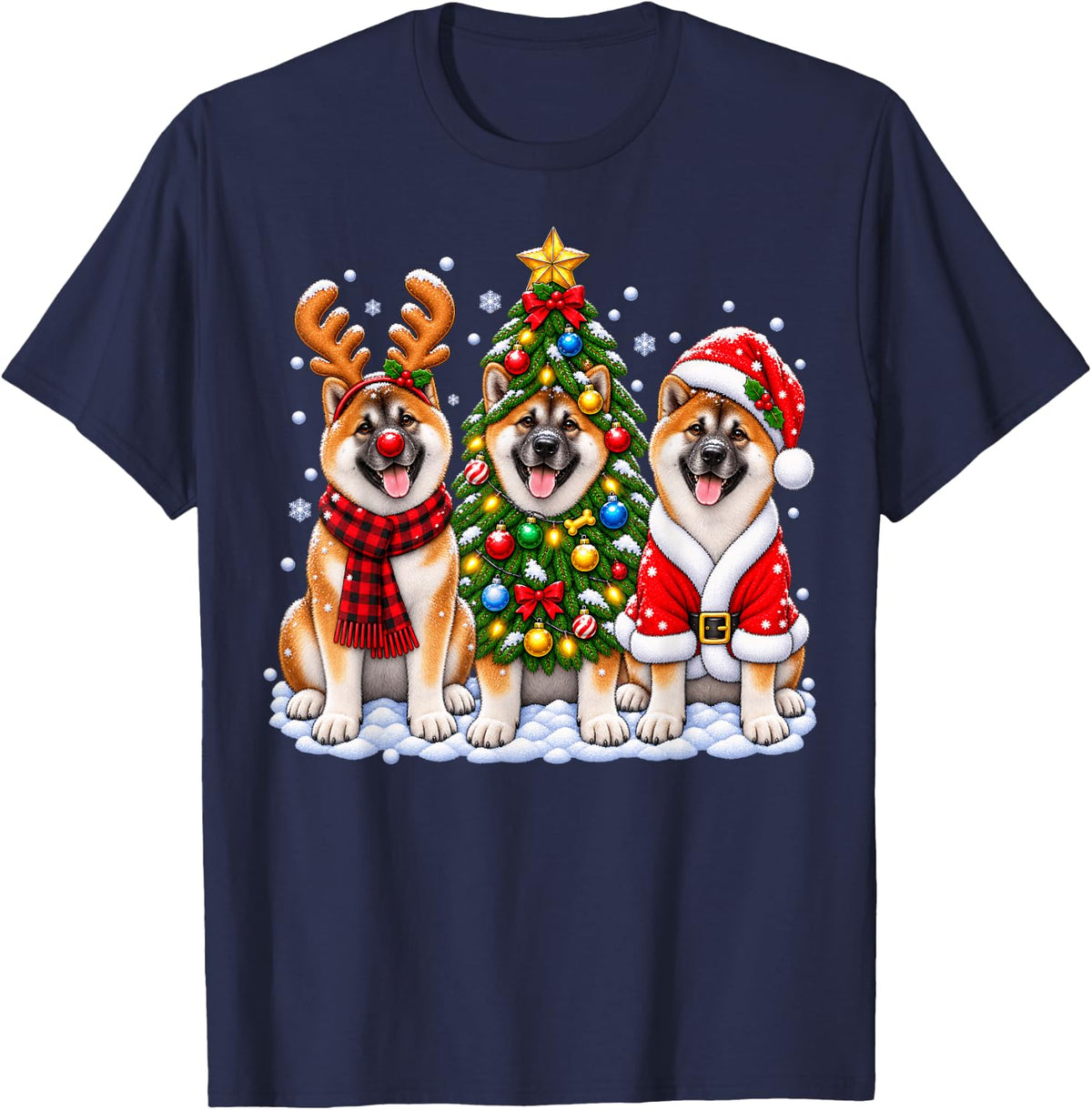 Akita Dog Merry Christmas Santa Hat Holidays Xmas T-Shirt - Navy Blue