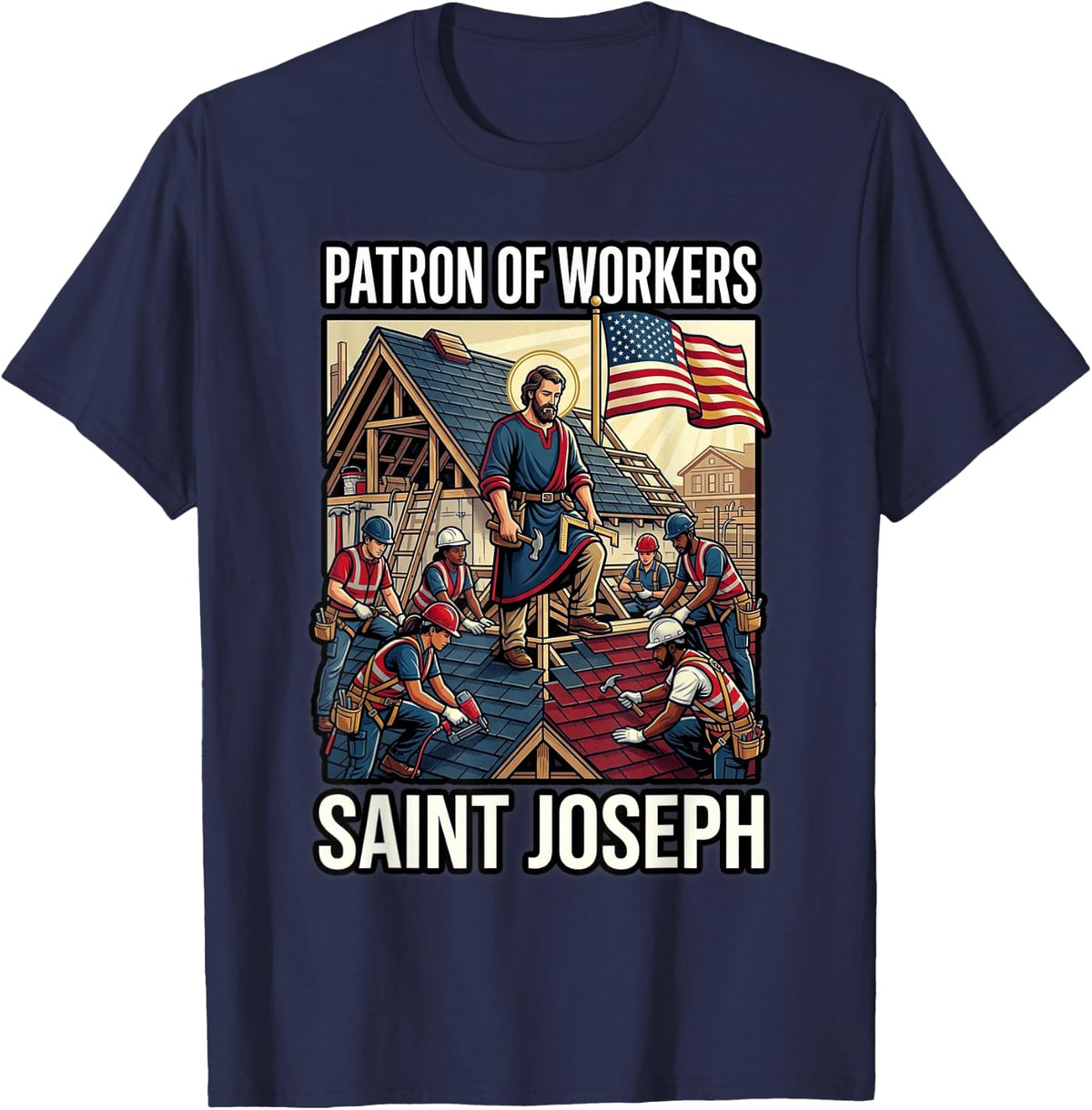 Saint Joseph Lumber Yard Flag Stacks Catholic T-Shirt - Navy Blue