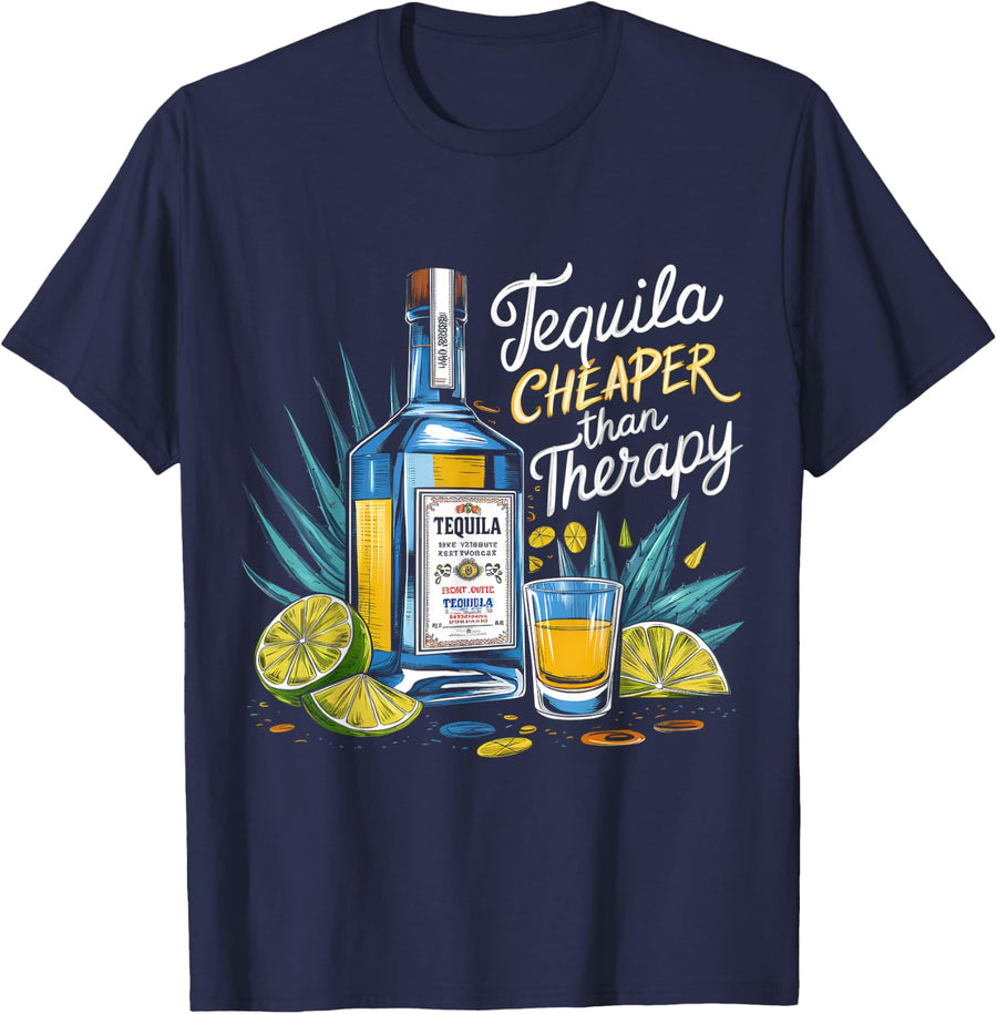 Retro Tequila Drinking Tequila Cheaper Than A Therapy Funny T-Shirt - Navy Blue