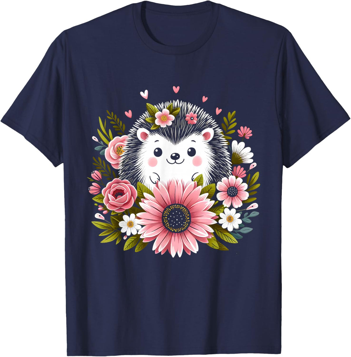 Cute Hedgehog With Flowers Shirt Funny Hedgehog T-Shirt - Navy Blue