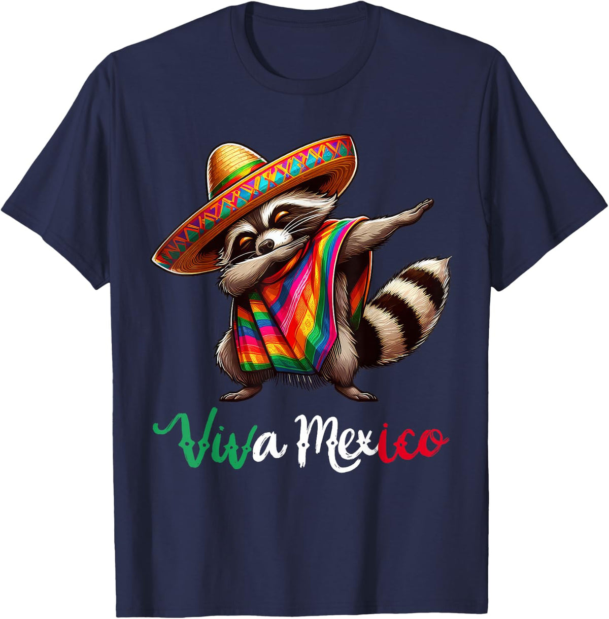 Viva Mexico Dabbing Raccoon Sombrero Mexican Party T-Shirt - Navy Blue