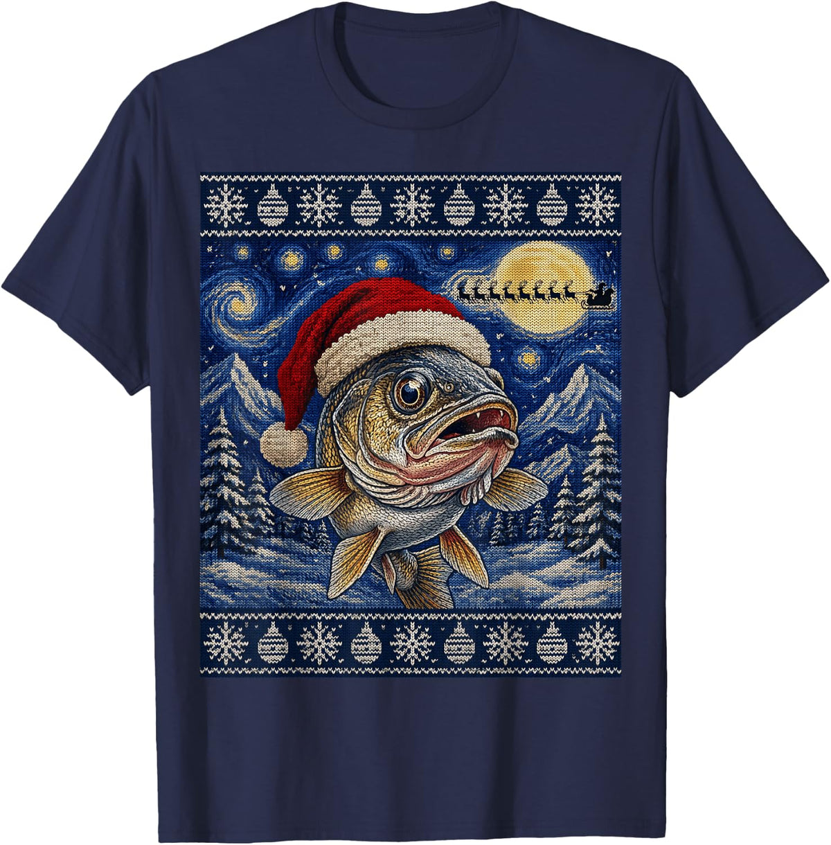Walleye Fish Santa Ugly Christmas T-Shirt - Navy Blue