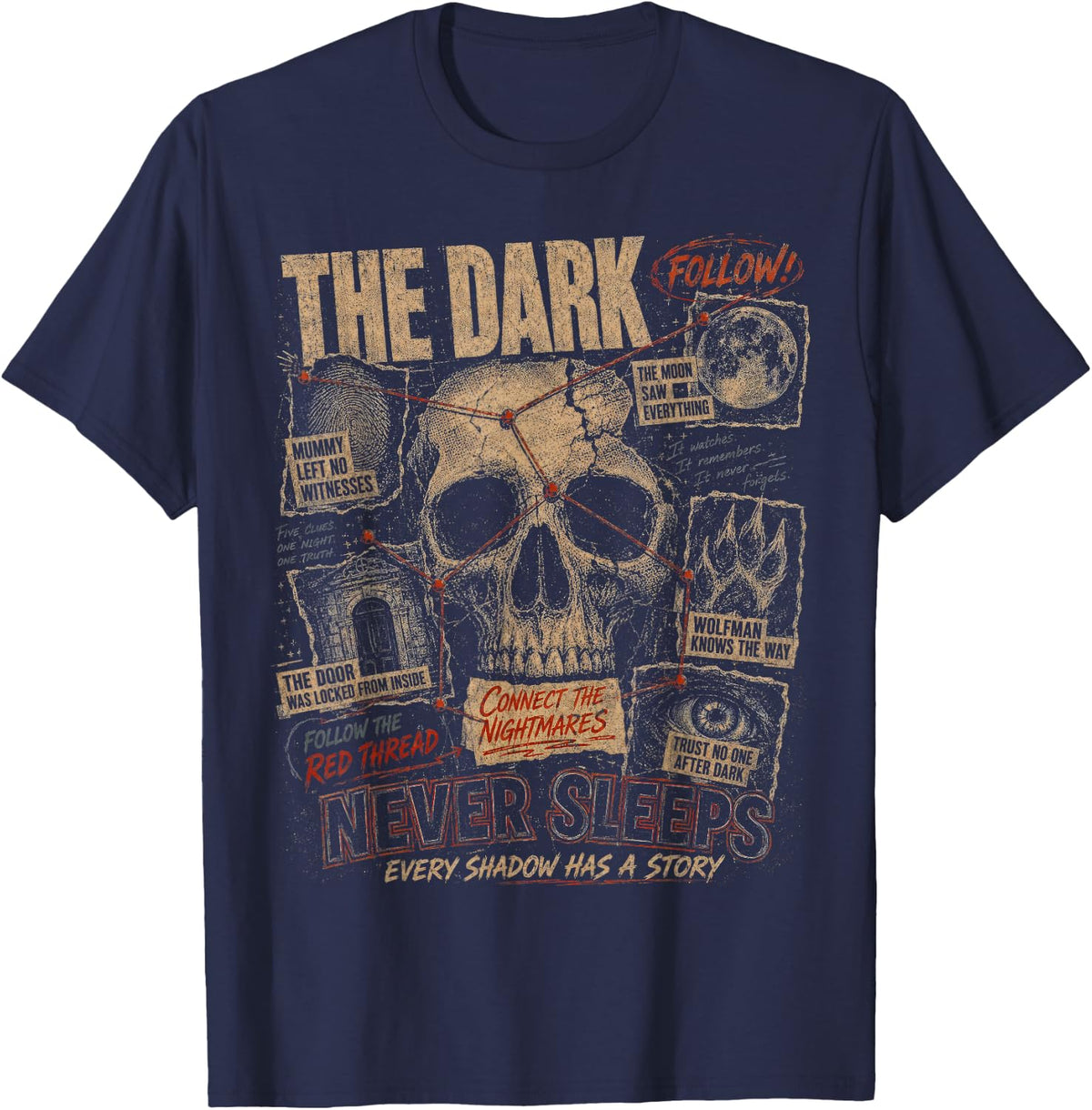 Vintage Halloween Shirt Skeleton Horror Mystery Graphic T-Shirt - Navy Blue