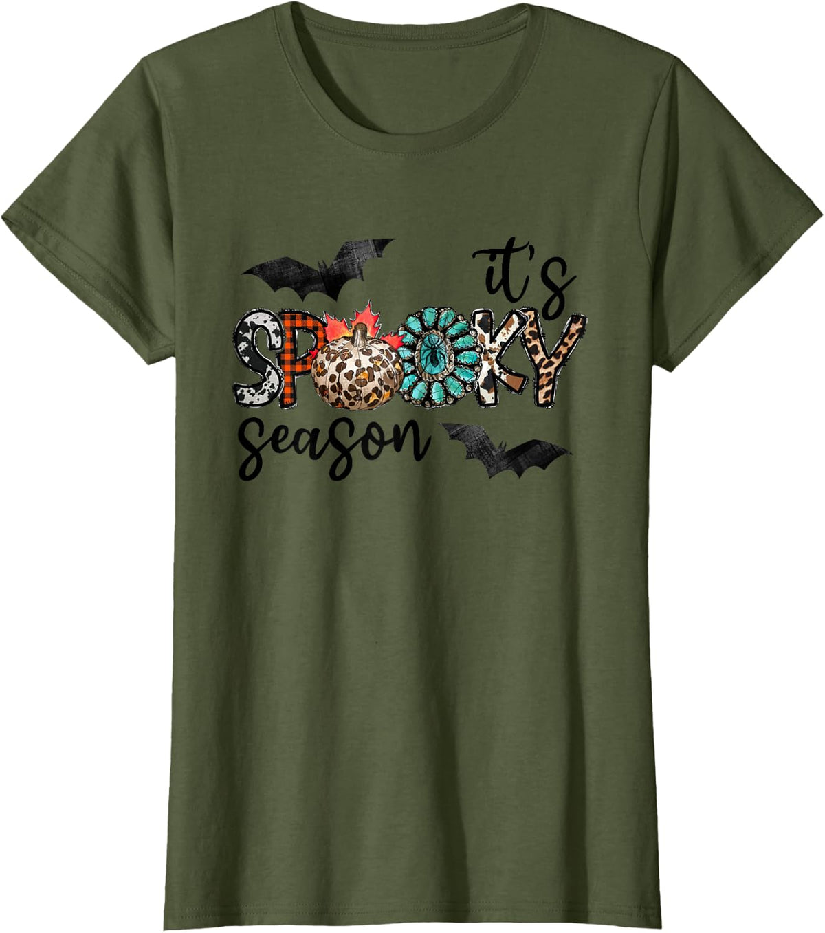 It's Spooky Season Pumpkin Leopard T-Shirt - Olive Green