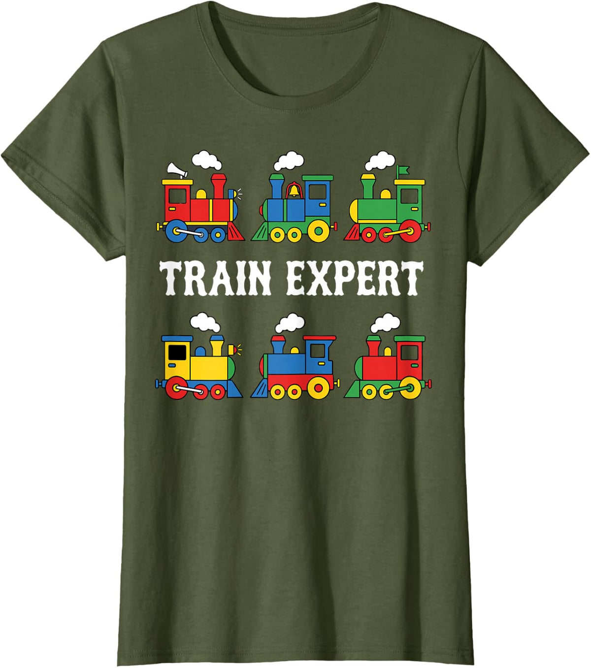 Train Expert Colorful Toy Trains Railroad Locomotive T-Shirt - Olive Green