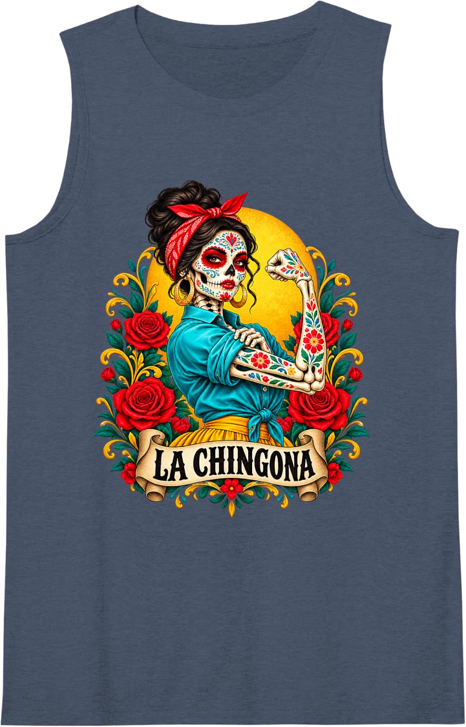 Women's La Chingona Sugar Skull Latina Power Spanish Slang Sleeveless Tank Top - Navy Blue