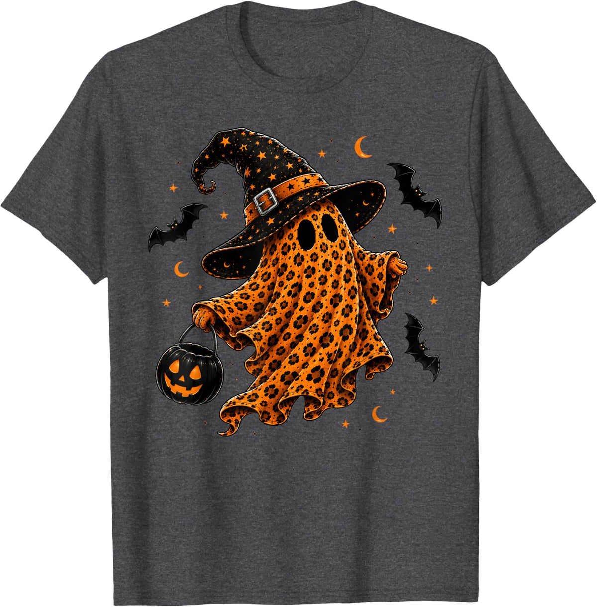 Cute Leopard Ghost Halloween Preppy Spooky Season Autumn T-Shirt - Dark Heather Grey