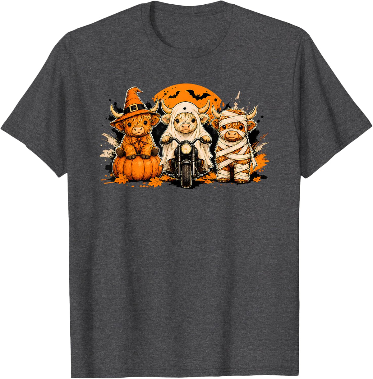 Halloween Highland Cow Spooky Ghost Witch Mummy Cow Cute T-Shirt - Dark Heather Grey