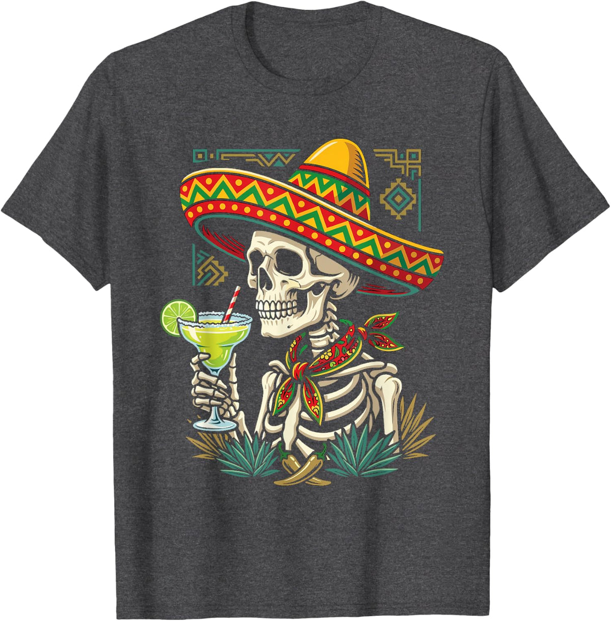 Happy Cinco de Mayo Funny Skeleton Margarita Fiesta T-Shirt - Dark Heather Grey