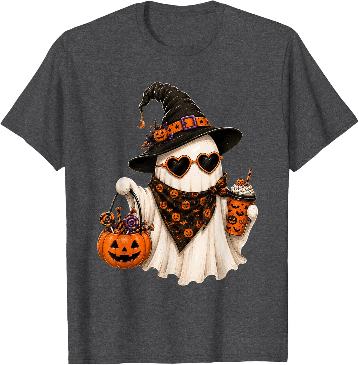 Cute Spooky Ghost Witch Pumpkin Coffee Halloween Costume T-Shirt - Dark Heather Grey