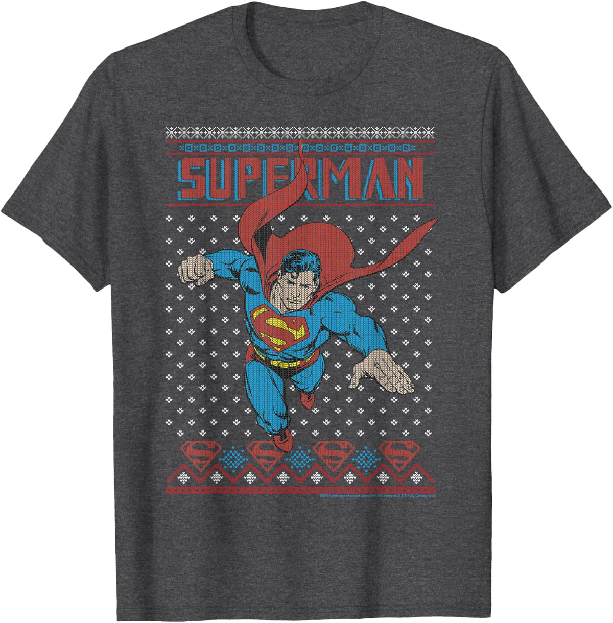 DC Comics Superman In Flight Ugly Christmas Sweater Style T-Shirt - Dark Heather Grey