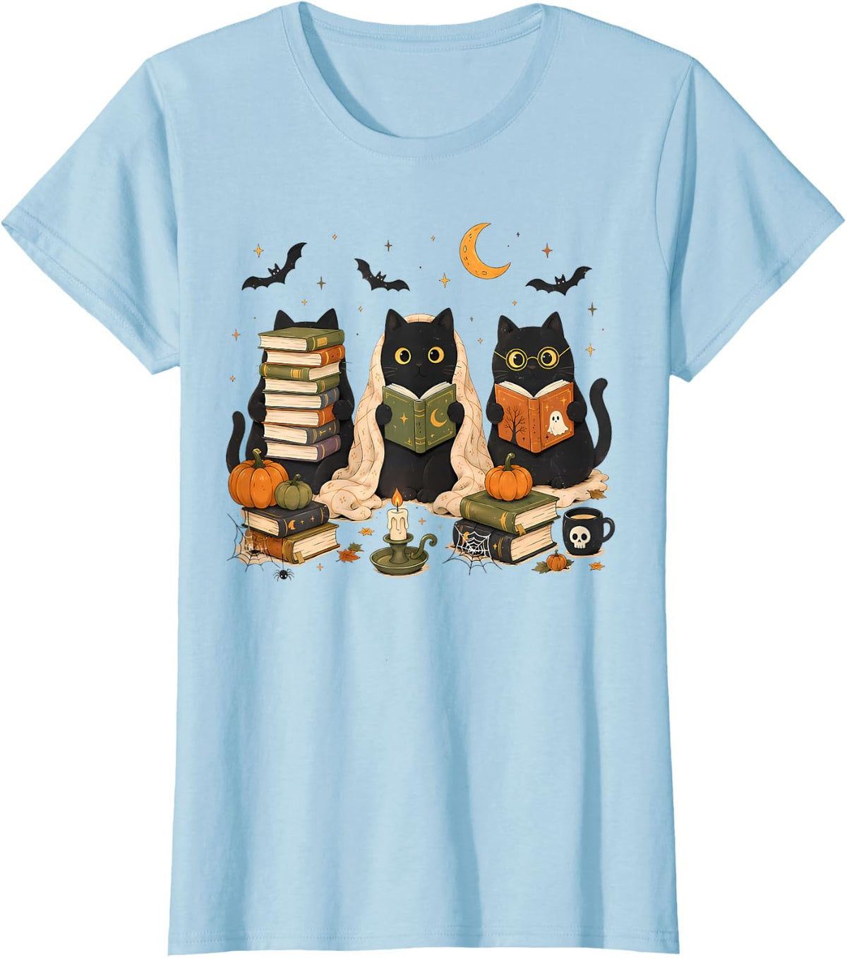 Black Cats Reading Book Pumpkin Cozy Season Halloween Reader T-Shirt - Baby Blue