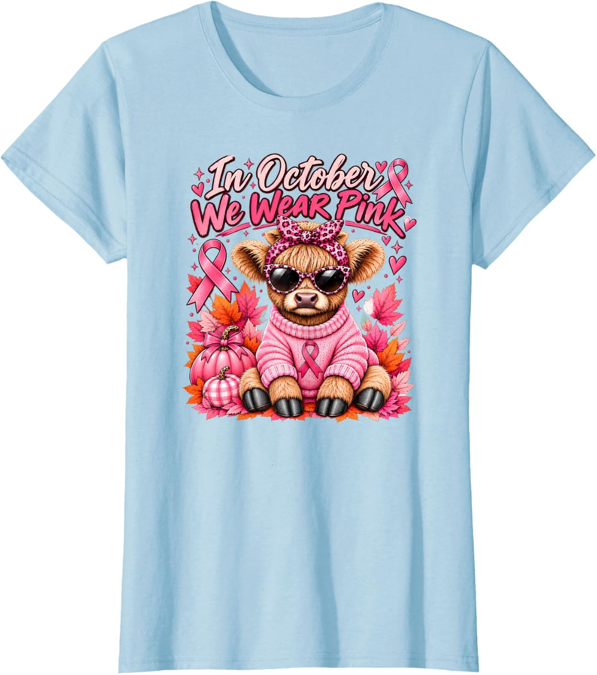 in October We Wear Pink Ribbon Breast Cancer Highland Cow T-Shirt - Baby Blue