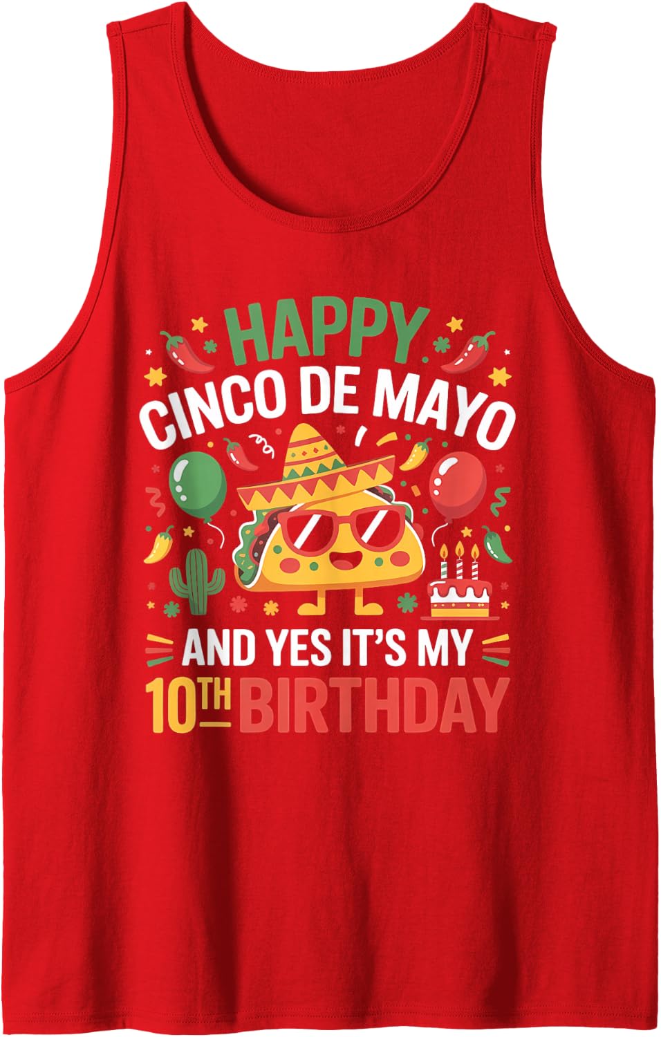 Happy Cinco De Mayo 2026 Yes It's My 10th Birthday Kids Sleeveless Tank Top - Red