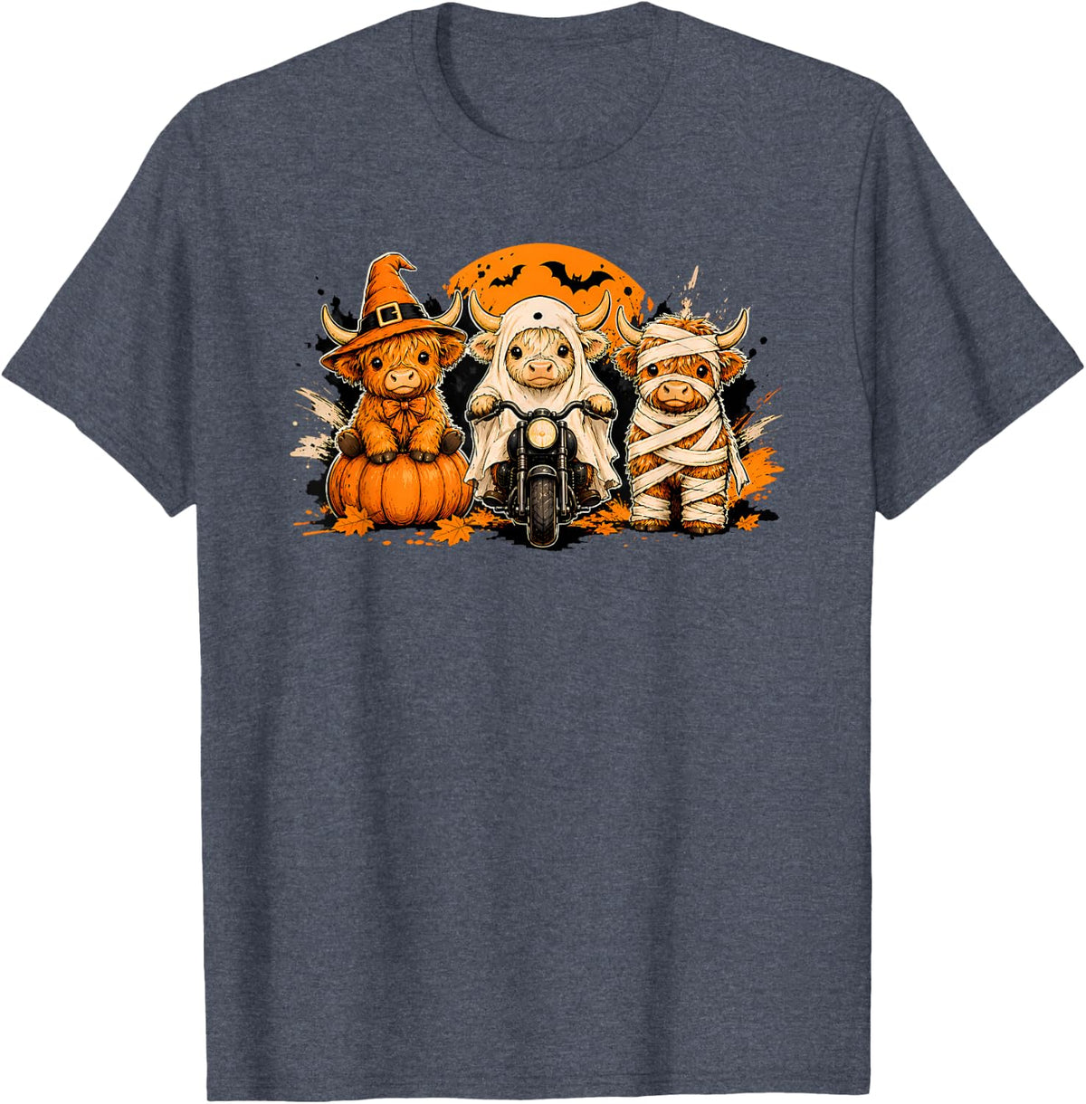 Halloween Highland Cow Spooky Ghost Witch Mummy Cow Cute T-Shirt - Heather Blue