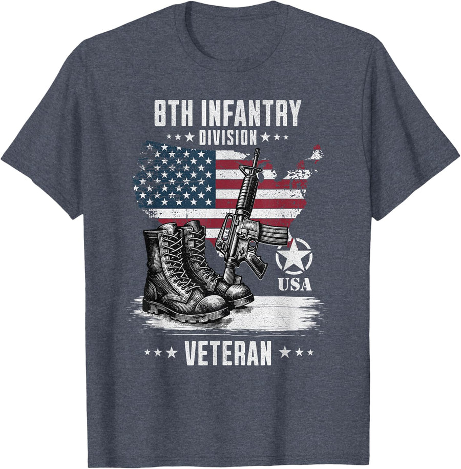 SoldierTees 8th Infantry Division Veteran Unisex-Adults & Kids Classic Fit Black Short Sleeve V-Neck T-Shirt - Heather Blue