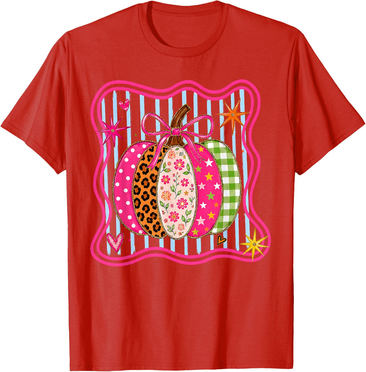 Preppy Fall Pumpkin Floral Leopard Girly Grandmillennial T-Shirt - Red