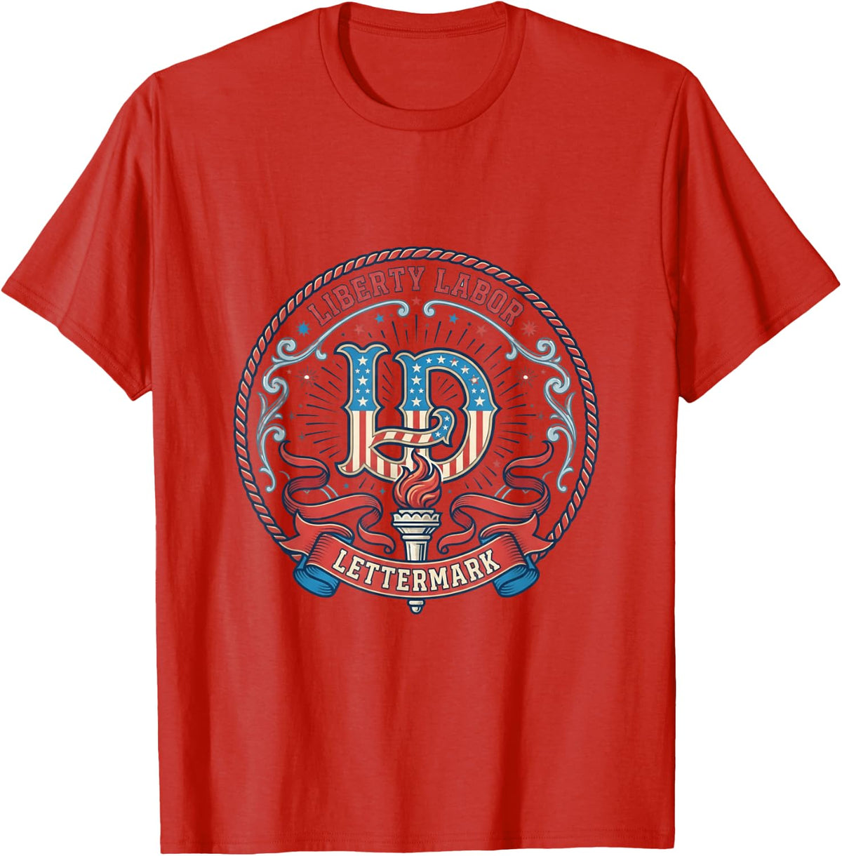 Retro Liberty Labor Lettermark Patriotic Design T-Shirt - Red